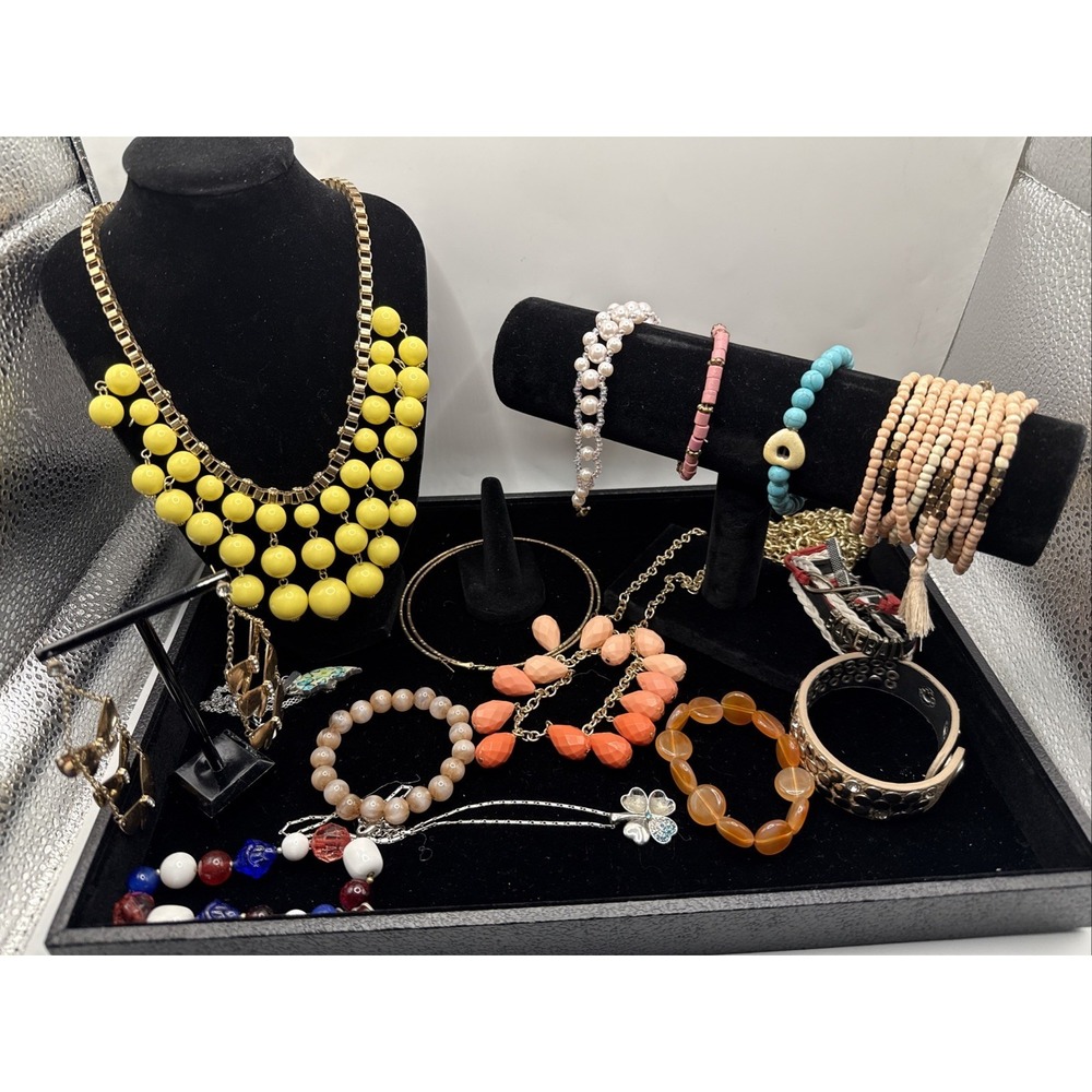 Vintage Lot of 15 Necklaces, Bracelets, Earrings And/or Brooches See Pics